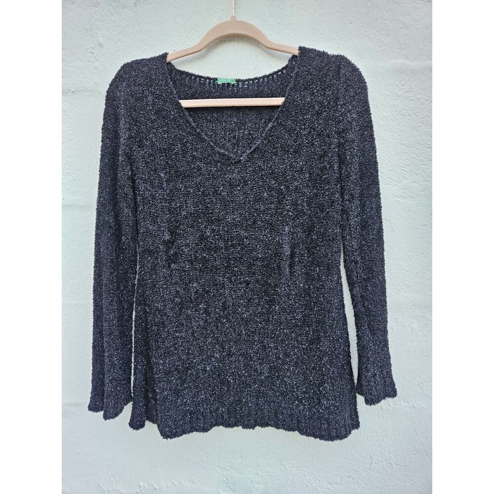 Vintage Benetton Sweater Womens Small Black Tinsel Flare‎ Sleeve Goth 90s Y2K